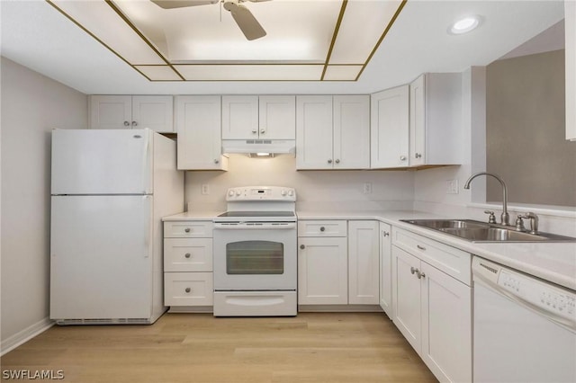 kitchen featuring white cabinetry, sink, ceiling fan, light hardwood / wood-style floors, and white appliances