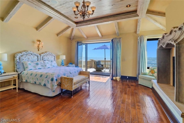 bedroom with dark wood-type flooring, a chandelier, access to exterior, and beam ceiling