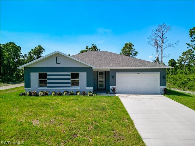 ranch-style home with a garage and a front yard