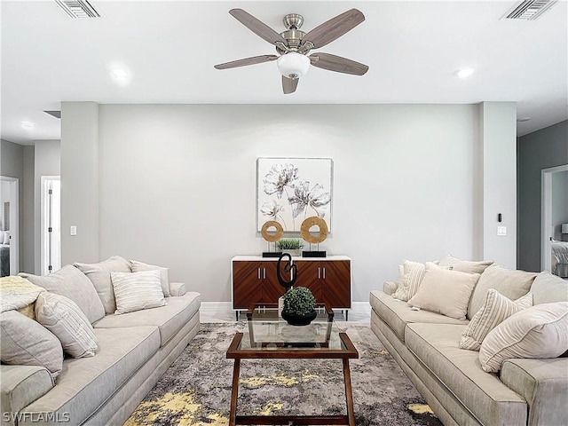 living room with ceiling fan