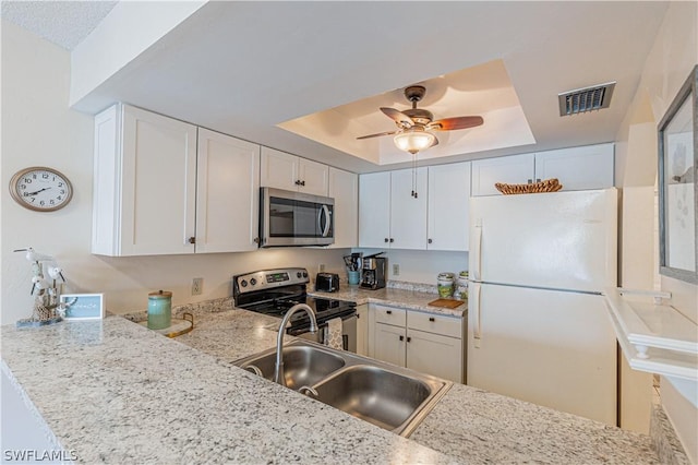 kitchen featuring appliances with stainless steel finishes, a tray ceiling, white cabinetry, and sink