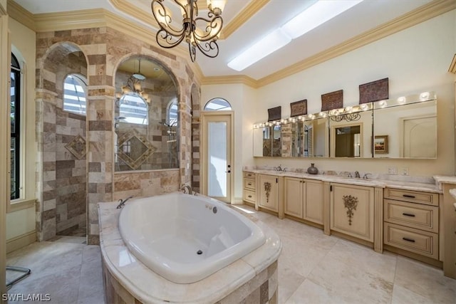 bathroom featuring an inviting chandelier, plus walk in shower, crown molding, and vanity