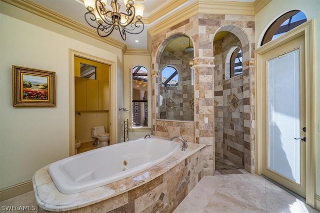 bathroom featuring ornamental molding, plus walk in shower, a chandelier, and toilet