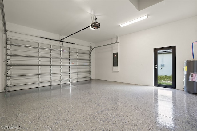 garage with electric panel, a garage door opener, and electric water heater