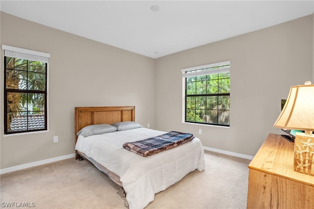 bedroom featuring multiple windows and light colored carpet