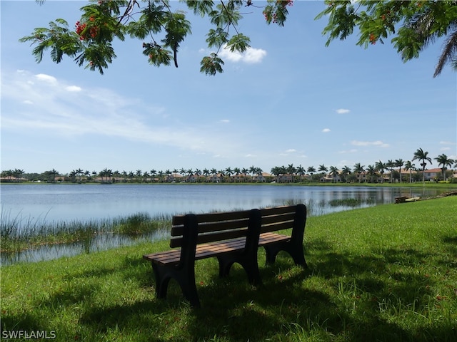 view of community with a yard and a water view