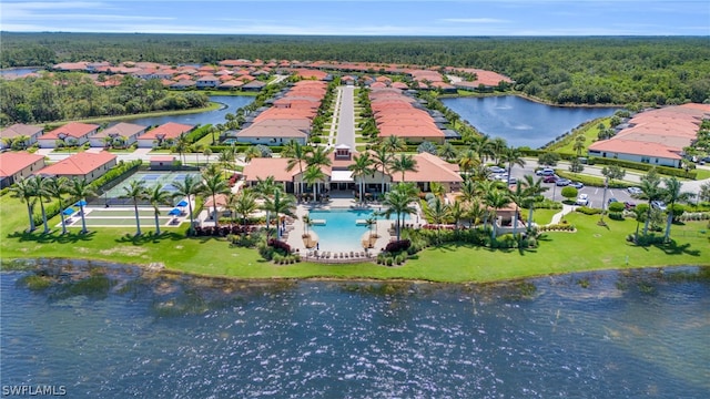 bird's eye view with a water view