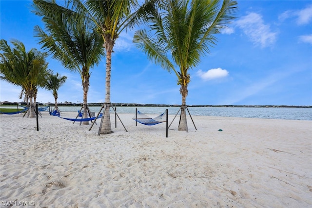 view of property's community featuring a water view and a view of the beach