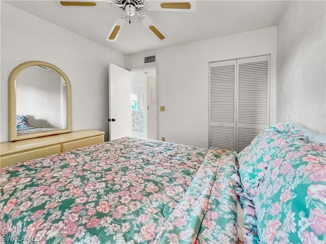 bedroom with ceiling fan and a closet