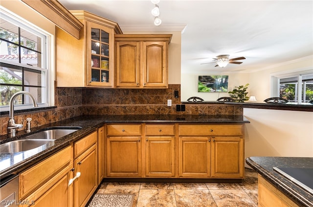 kitchen featuring a healthy amount of sunlight, ceiling fan, dark stone countertops, and sink