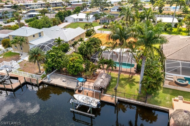 drone / aerial view featuring a water view