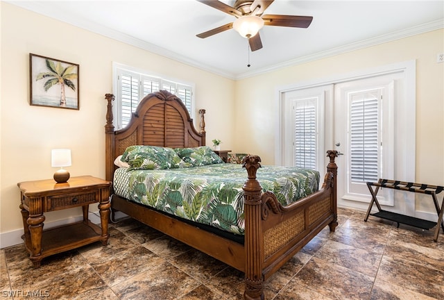 bedroom featuring multiple windows, ceiling fan, and crown molding