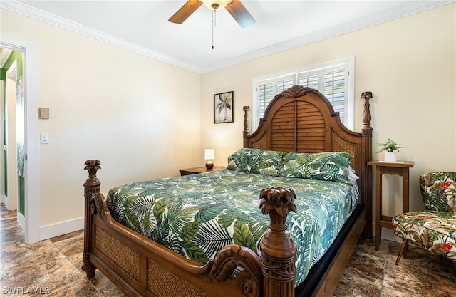 bedroom featuring ceiling fan and crown molding