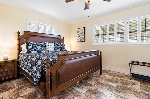 bedroom with ceiling fan and ornamental molding