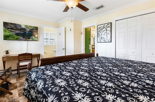 bedroom with connected bathroom, a closet, ceiling fan, and crown molding