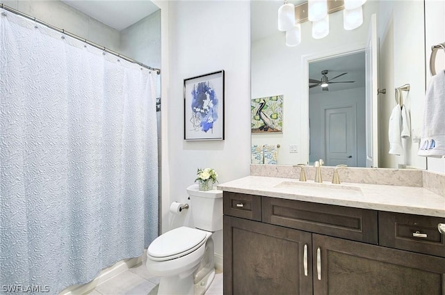 bathroom with tile patterned floors, ceiling fan, vanity, and toilet