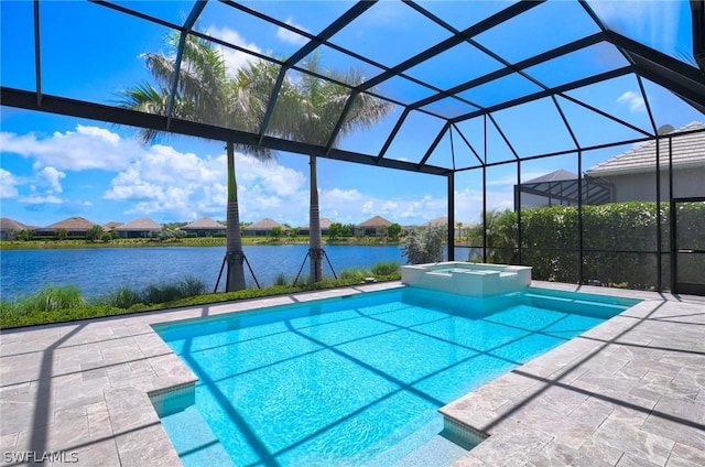 view of swimming pool featuring glass enclosure, a patio area, a water view, and an in ground hot tub