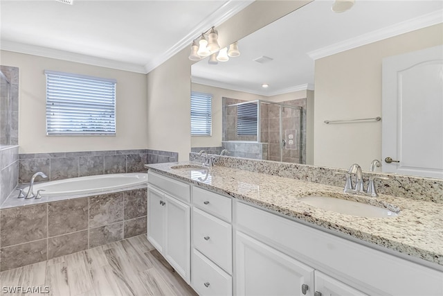 bathroom featuring plenty of natural light, vanity, shower with separate bathtub, and ornamental molding