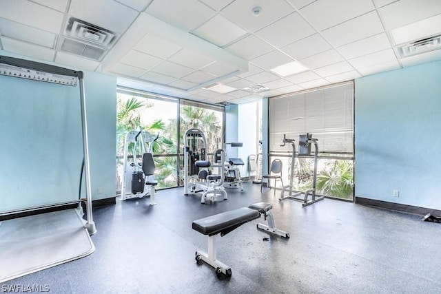 workout area featuring a paneled ceiling and a wall of windows