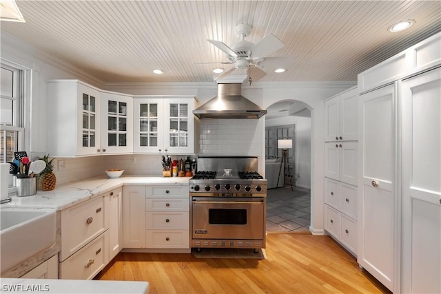 kitchen featuring white cabinetry, island exhaust hood, luxury stove, and decorative backsplash