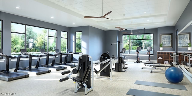 gym featuring carpet flooring, ceiling fan, and a tray ceiling