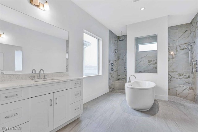 bathroom featuring vanity, plenty of natural light, and plus walk in shower