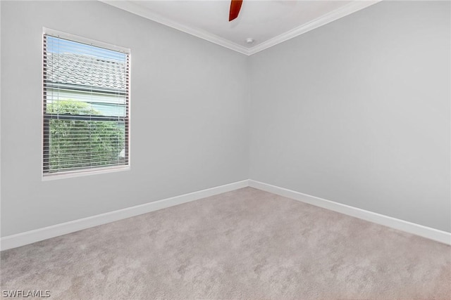 empty room with baseboards, carpet, ceiling fan, and crown molding