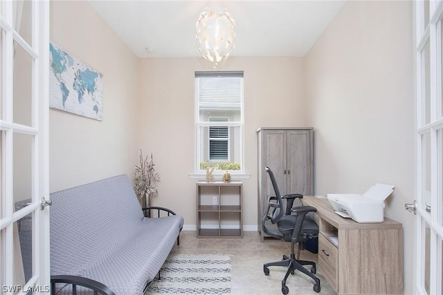 office with a chandelier and french doors