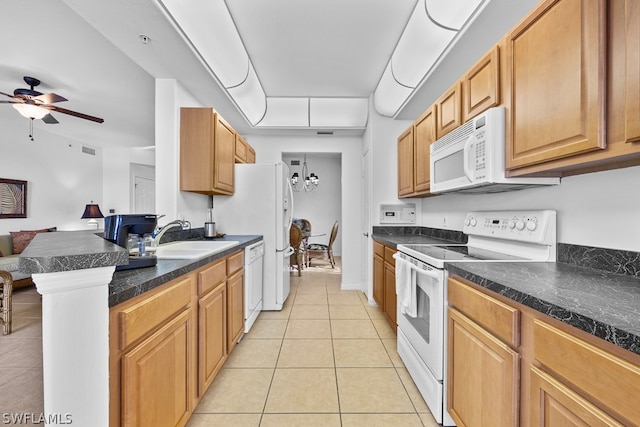 kitchen with ceiling fan, sink, white appliances, and light tile floors