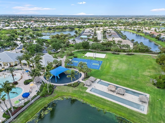 drone / aerial view featuring a water view