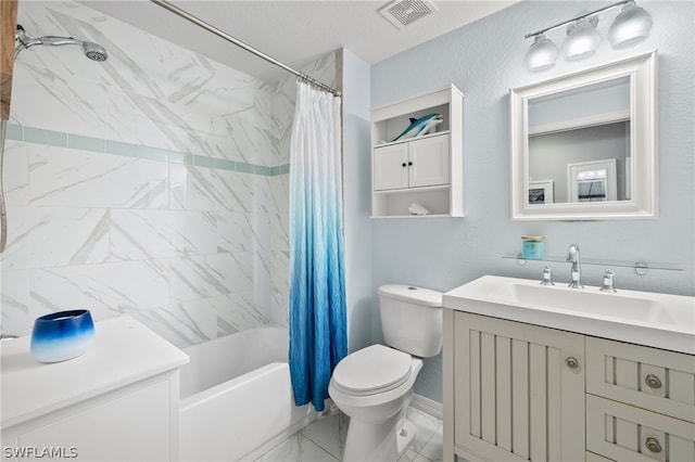 full bathroom featuring vanity, shower / bathtub combination with curtain, and toilet