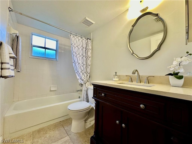 full bath with visible vents, toilet, tile patterned floors, shower / bath combination with curtain, and vanity