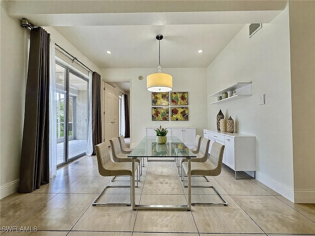 dining area featuring recessed lighting, visible vents, and baseboards