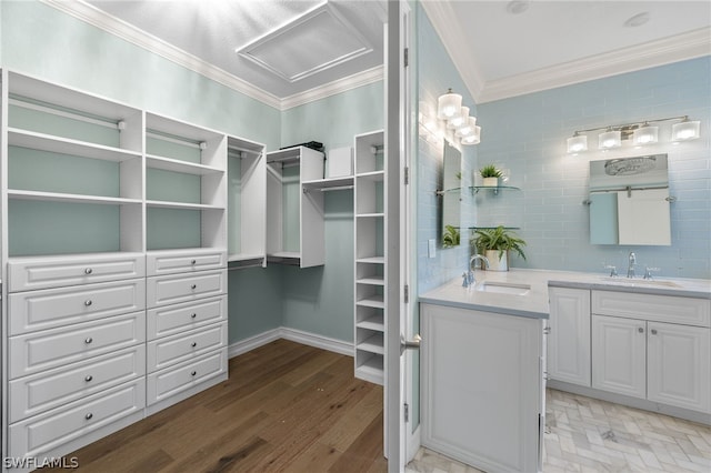 walk in closet with sink and light wood-type flooring