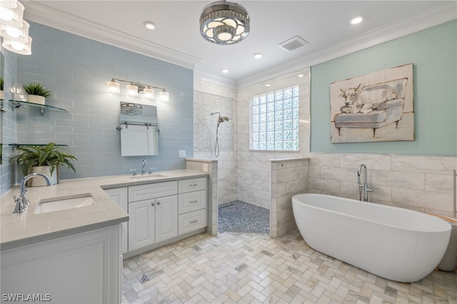 bathroom with crown molding, shower with separate bathtub, tile walls, and vanity