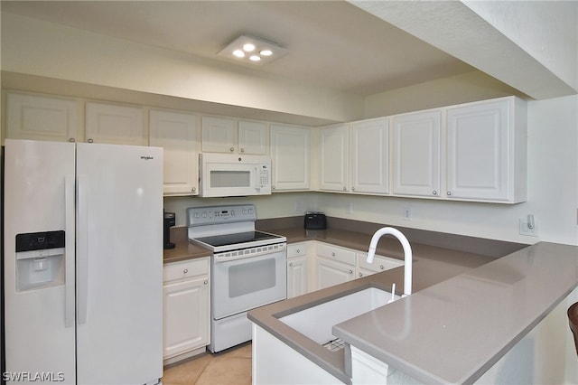 kitchen featuring white cabinets, kitchen peninsula, white appliances, and sink