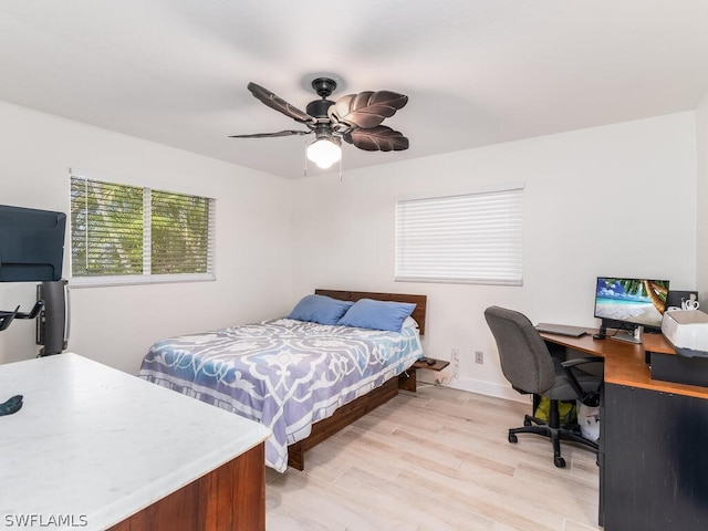 bedroom featuring ceiling fan and light hardwood / wood-style floors