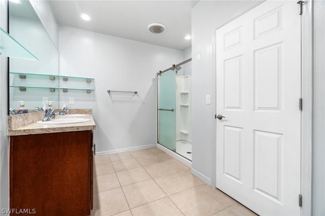 bathroom featuring tile patterned flooring, vanity, and an enclosed shower