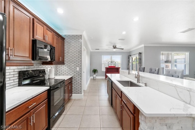 kitchen with sink, plenty of natural light, crown molding, and black appliances