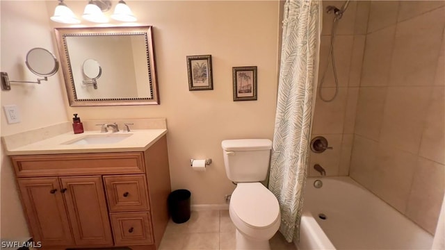 full bathroom with tile patterned flooring, vanity, shower / tub combo with curtain, and toilet