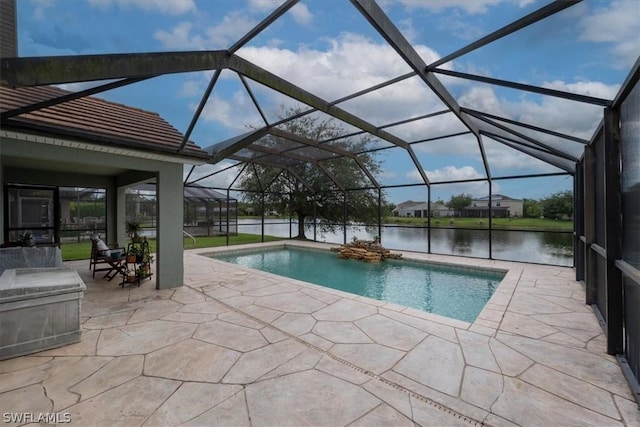 view of swimming pool featuring a water view, a lanai, and a patio