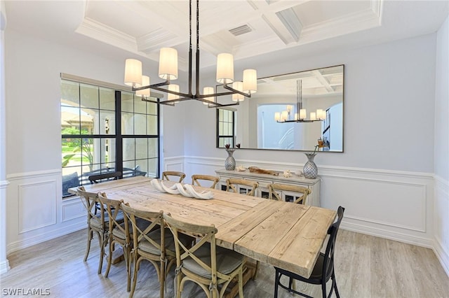 dining area featuring coffered ceiling, light hardwood / wood-style flooring, beamed ceiling, a notable chandelier, and crown molding