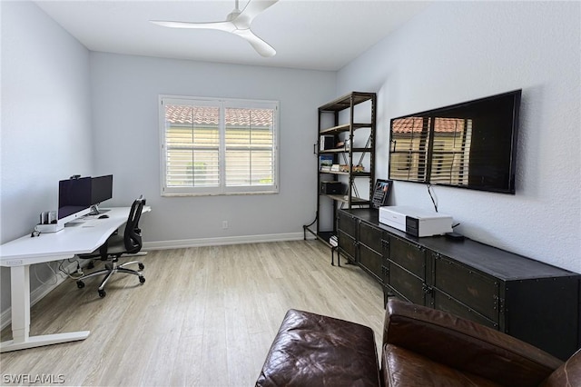 home office featuring ceiling fan and light hardwood / wood-style flooring