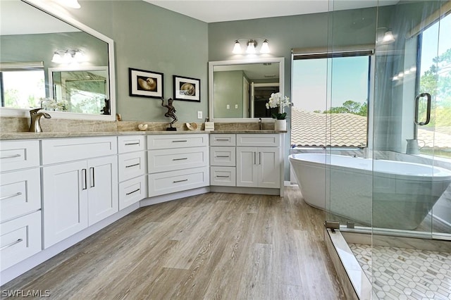 bathroom with hardwood / wood-style floors, vanity, a wealth of natural light, and independent shower and bath