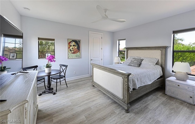 bedroom featuring ceiling fan and light hardwood / wood-style flooring