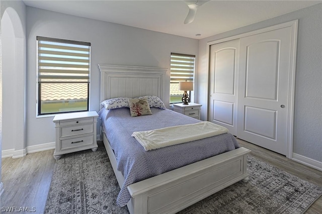 bedroom with ceiling fan, a closet, and wood-type flooring