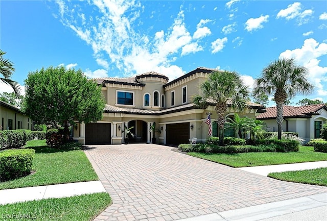 mediterranean / spanish-style house with a front yard and a garage