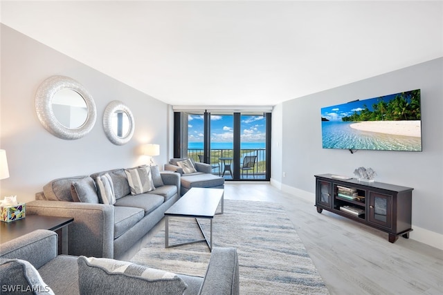 living room featuring light hardwood / wood-style flooring and a wall of windows