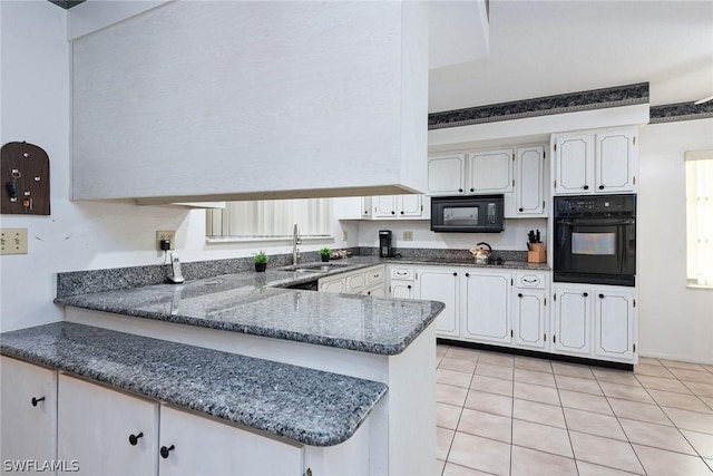 kitchen with sink, white cabinets, black appliances, and dark stone countertops