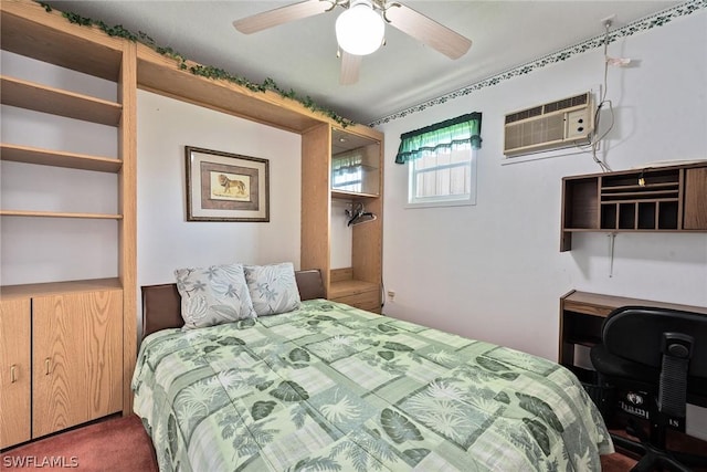 carpeted bedroom with ceiling fan and a wall mounted air conditioner